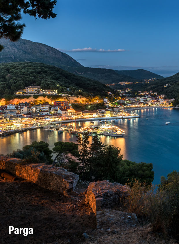 Parga town at night