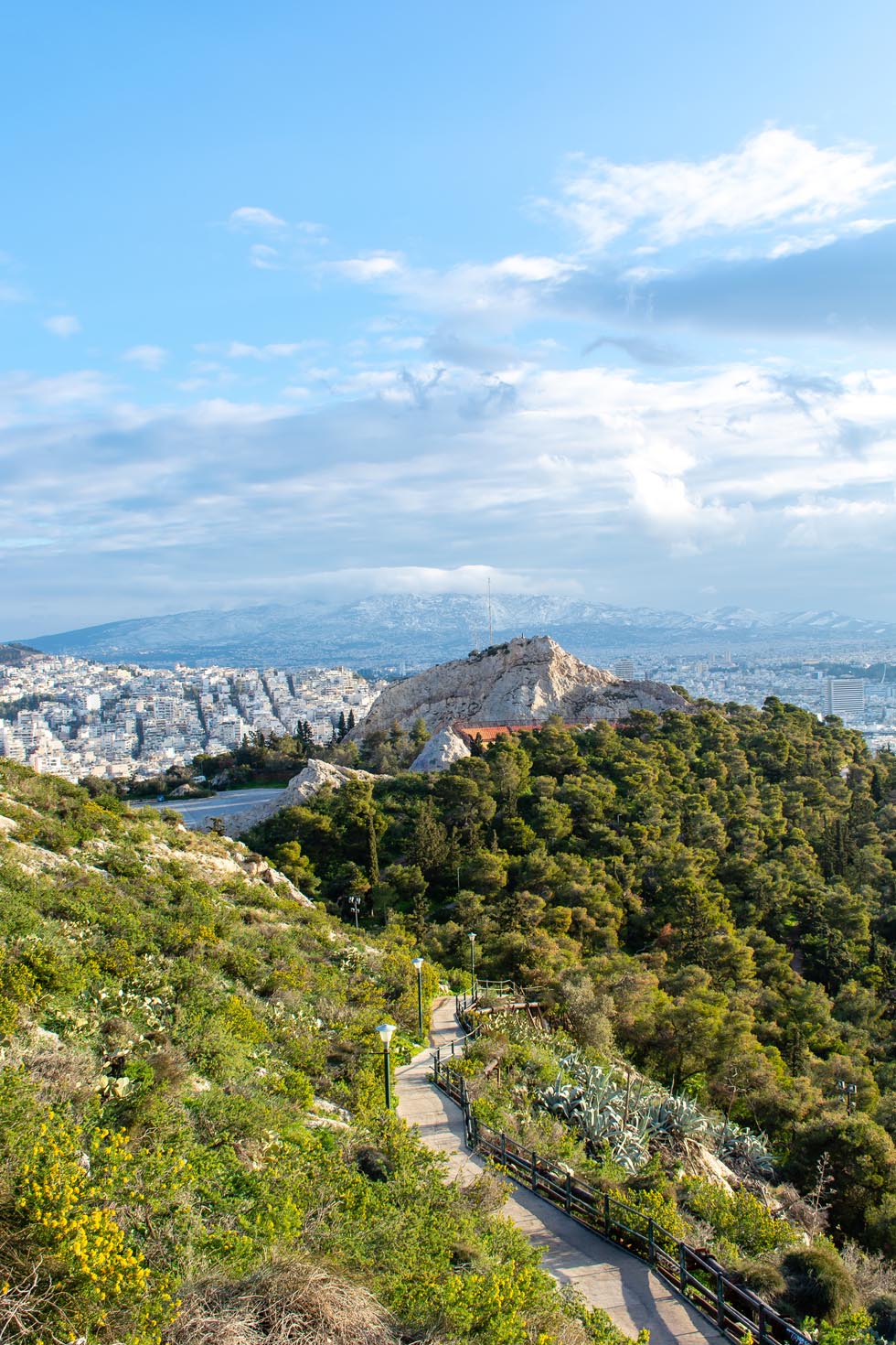 Scenic view of Athens with snow in distance