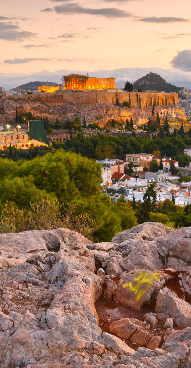 Acropolis and Parthenon at dusk in Athens