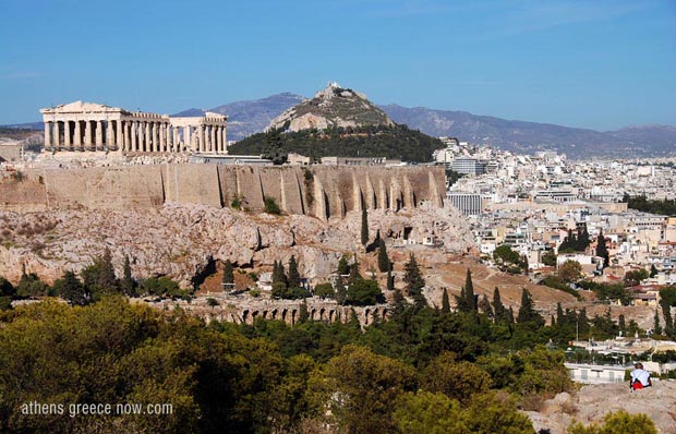 The Acropolis with Lycabettus Hill in background, Athens Greece