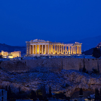 Dusk view of Acropolis and Athens Greece