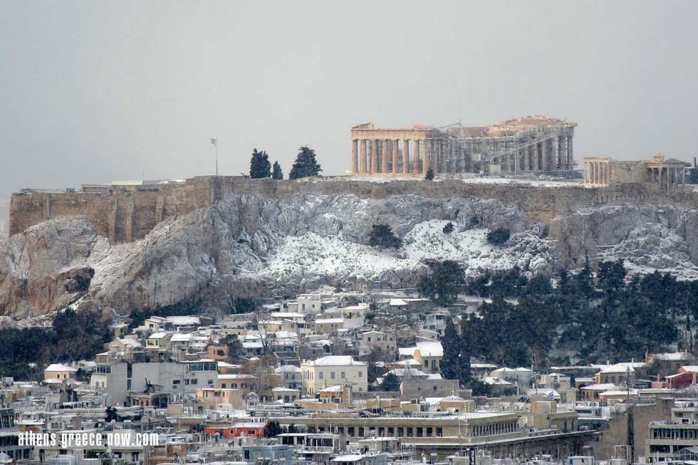 Acropolis in the Snow - Athens Greece