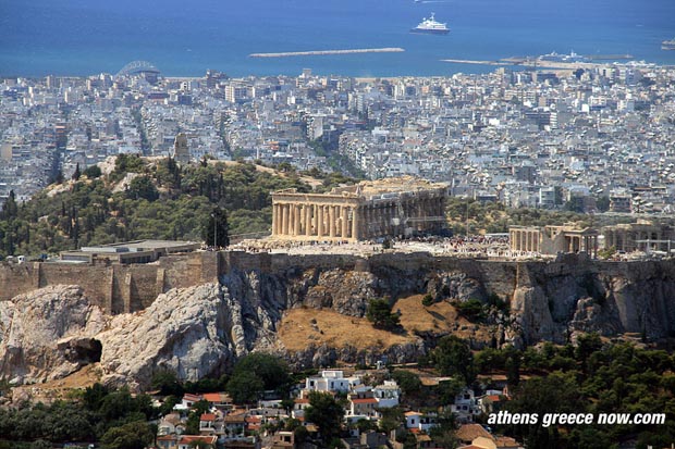 Pireas in distance, with Acropolis mount with Parthenon, Athens, Greece