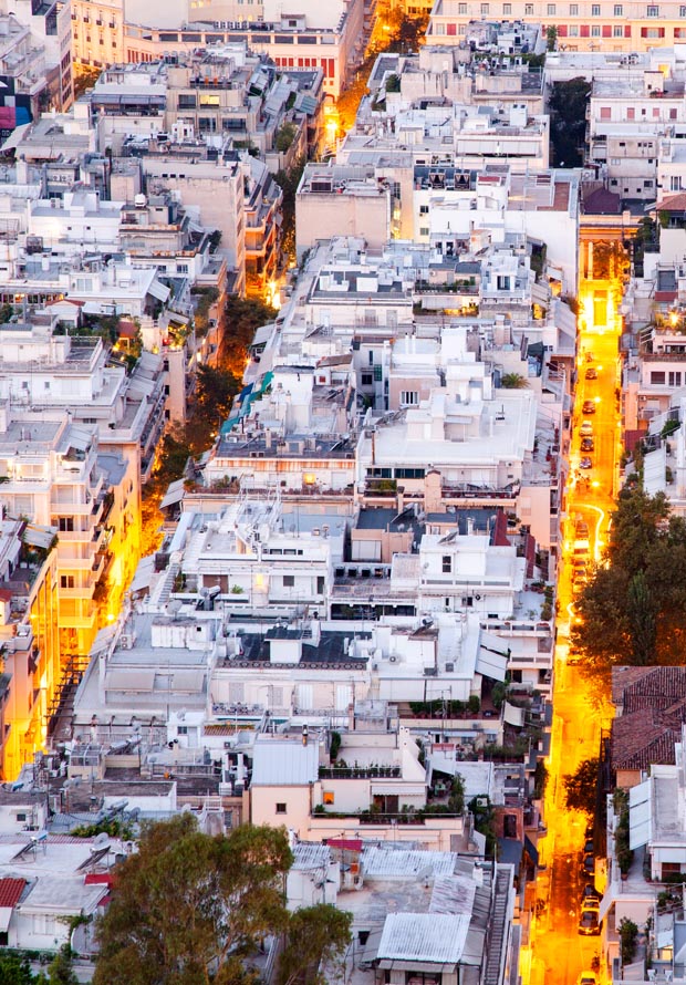 Aerial View of Athens city streets at night