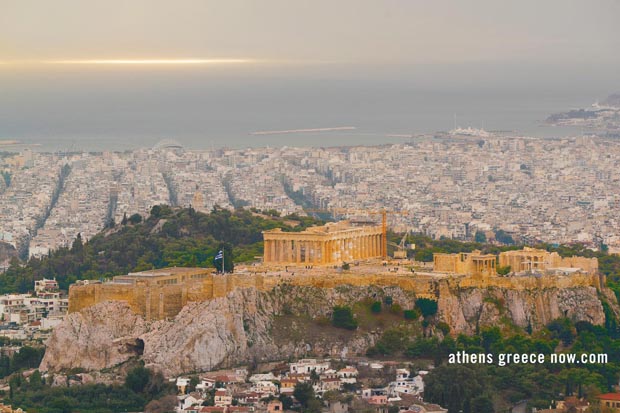 Acropolis and Pireas from Lycabettus in Athens Greece
