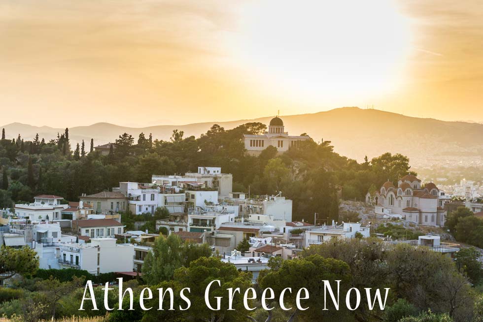 Acropolis and Pireas from Lycabettus in Athens Greece