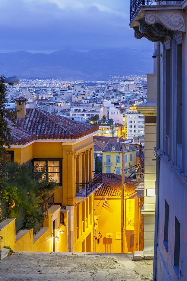 Dusk Street in Athens Greece