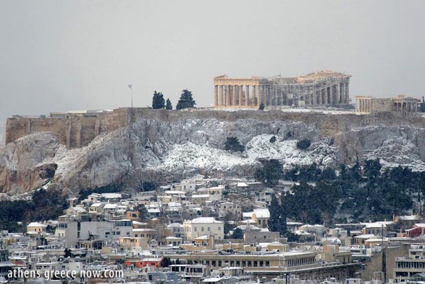 Snow on the Acropolis Athens Greece