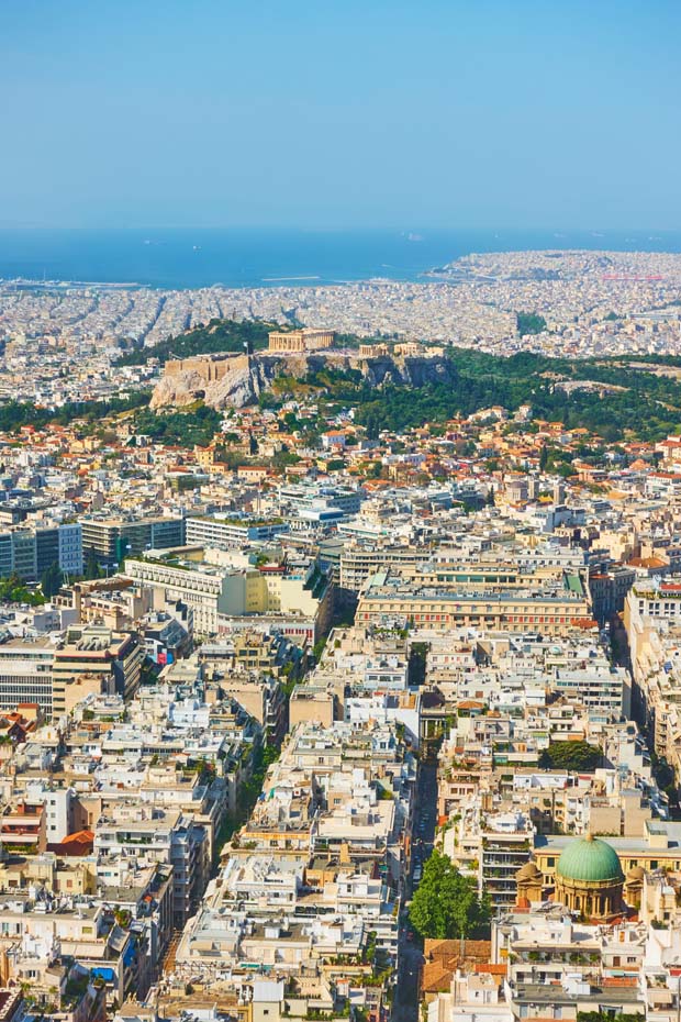 Overhead sku view overhead of Acropolis and Saronic Gulf at Athens Overhead sky view overhead of Acropolis and Saronic Gulf at Athens
