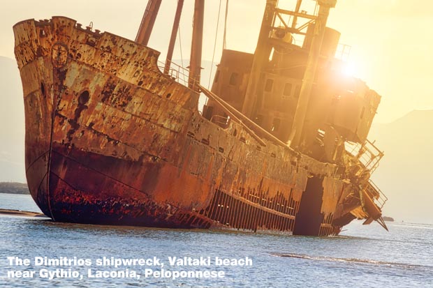Click to enlarge image of the Dimitrios shipwreck, Valtaki beach near Gythio, Laconia, Peloponnese The Dimitrios shipwreck, Valtaki beach near Gythio, Laconia, Peloponnese