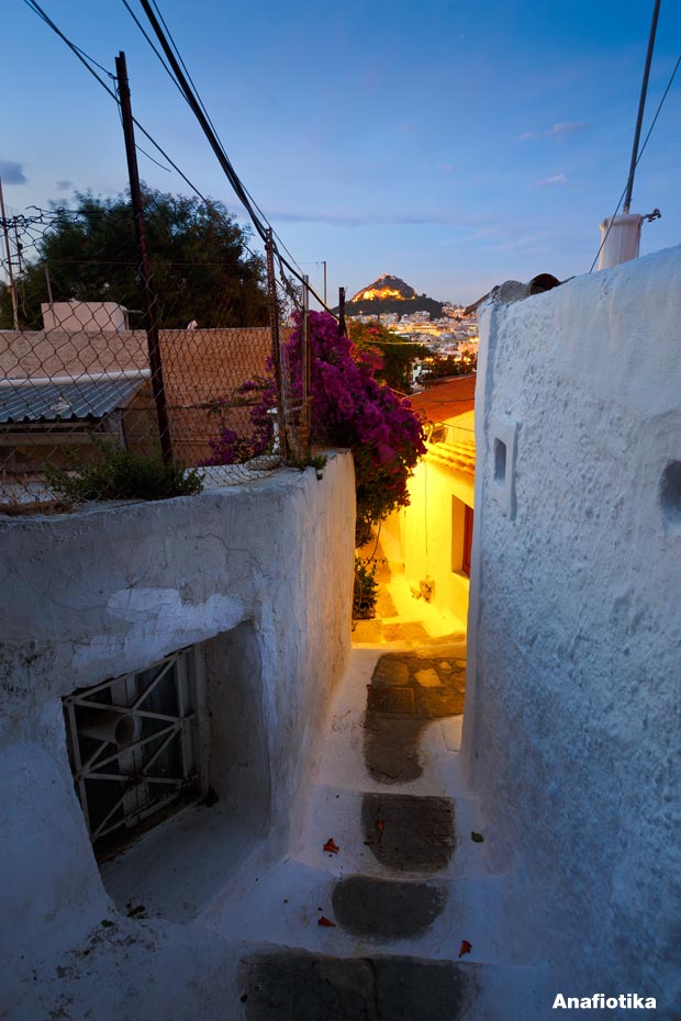 Dusk lighting in Anafiotika in Athens