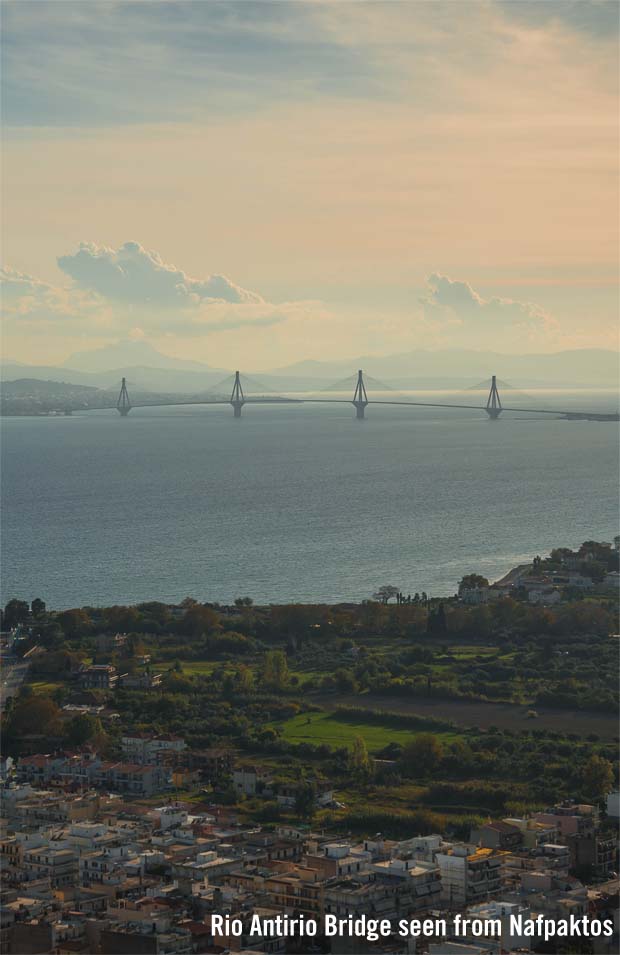The Rio Antirio Bridge seen from Nafpaktos The Rio Antirio Bridge seen from Nafpaktos
