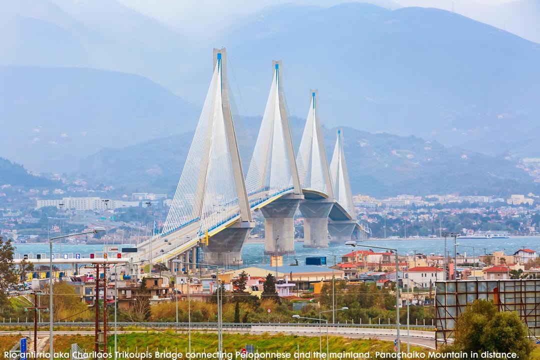 Rio Antirrio Charilaos Trikoupis Bridge with Panochaiko Mountain in the distance Rio Antirrio Charilaos Trikoupis Bridge with Panochaiko Mountain in the distance