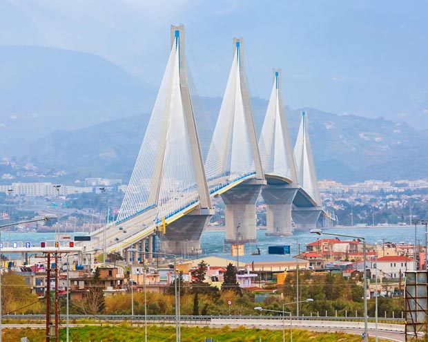 Rio Antirrio Charilaos Trikoupis Bridge with Panochaiko Mountain in the distance