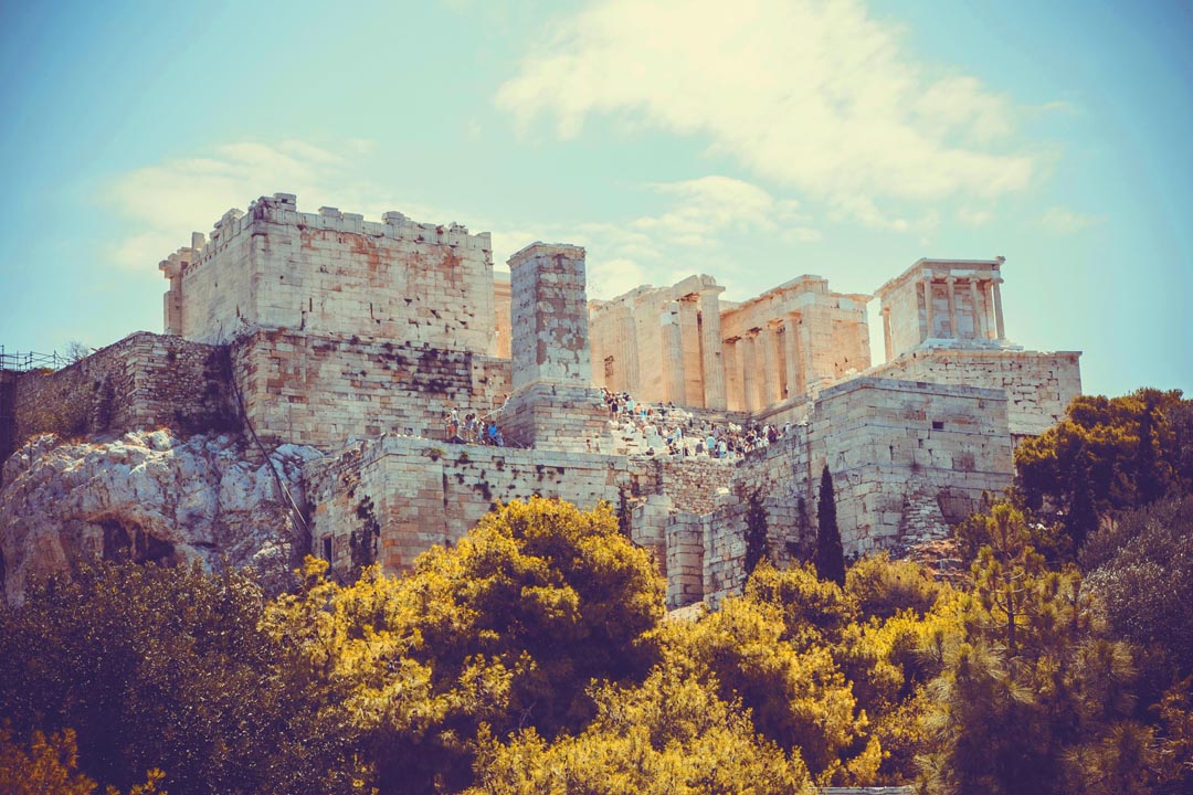 Tourists going up the steps at the Acropolis